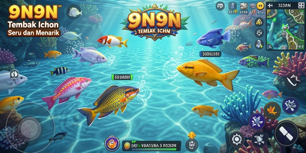Gameplay seru dalam 9N9N menembak ikan berwarna-warni.
