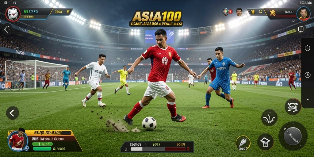 Gameplay ASIA100 menunjukkan aksi sepak bola yang mendebarkan dan kontrol yang responsif.
