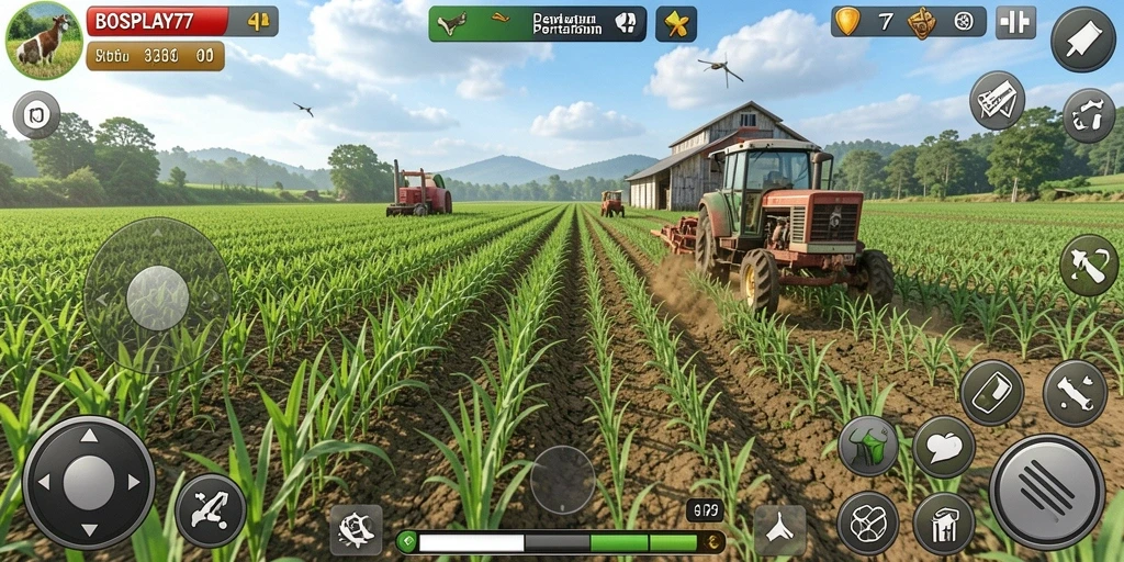 Tangkapan layar BOSPLAY77 menampilkan gameplay pertanian yang indah dan interaktif.