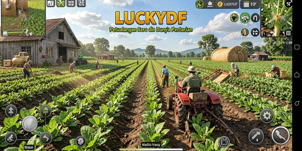 Tampilan menarik gameplay LUCKYDF yang menampilkan pertanian yang aktif.