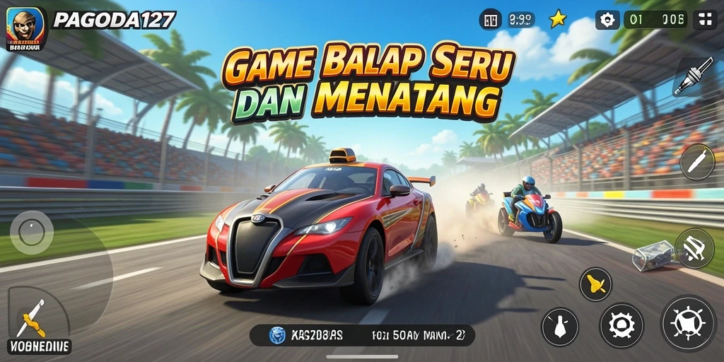 Tampilan gameplay dari PAGODA127 dengan mobil balap di lintasan yang menantang.