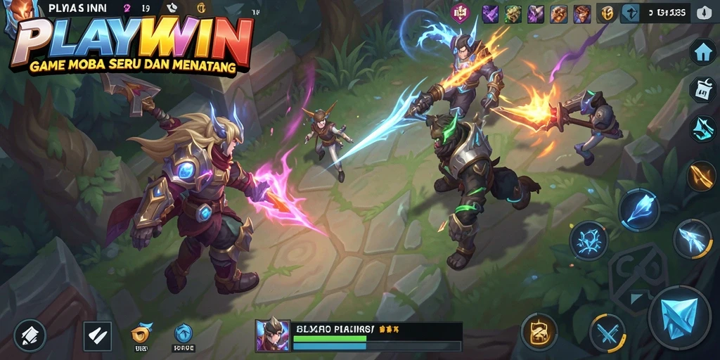 Screenshot utama PLAYWIN menunjukkan aksi seru dalam permainan MOBA.