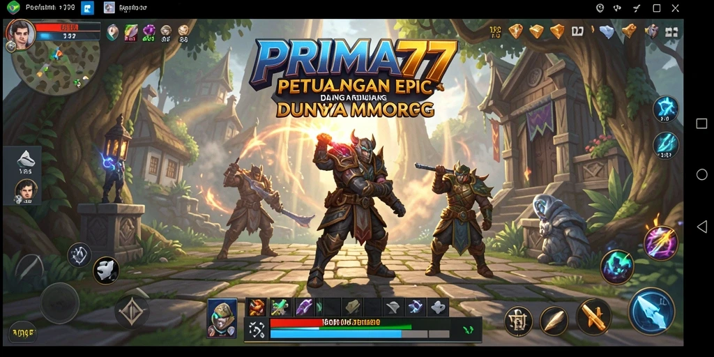 Screenshot gameplay PRIMA77 menampilkan pertempuran epik dan lingkungan fantastis.