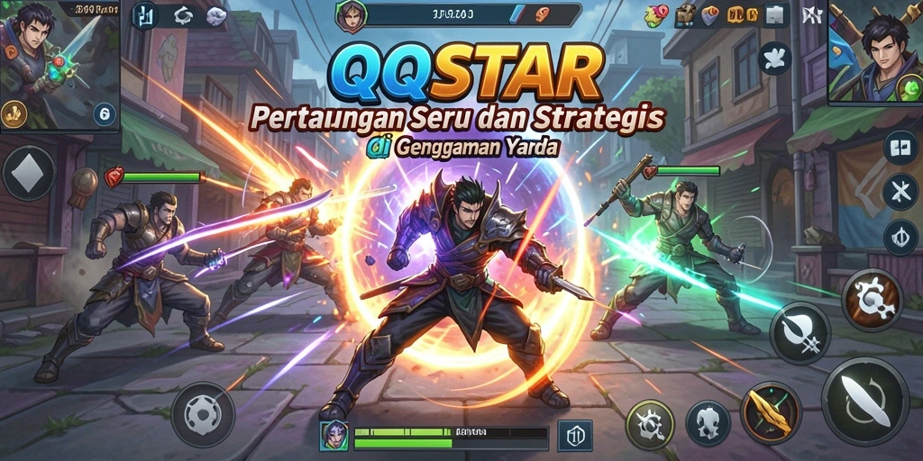 Screenshot utama QQSTAR menunjukkan aksi pertarungan yang intens.
