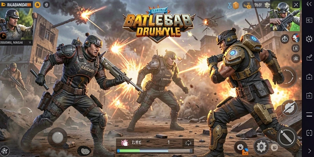 Screenshot utama RAJABANDAR88 dengan aksi pertempuran seru di medan perang.
