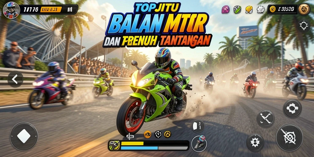 Gameplay seru dengan motor balap di trek menantang.