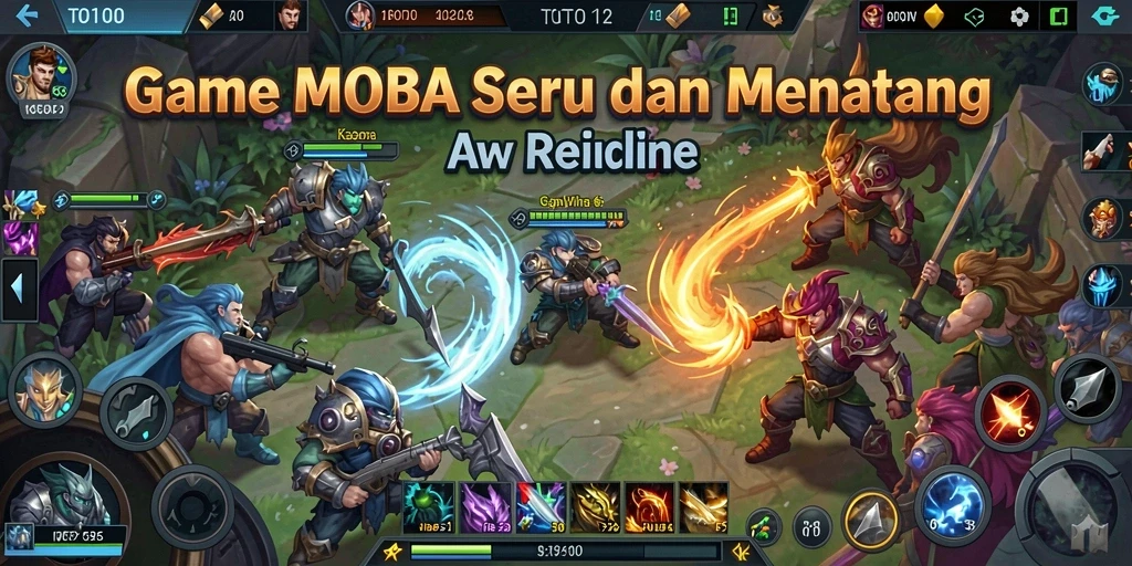 Tangkapan layar utama TOTO12 menampilkan aksi pertarungan tim dalam MOBA.
